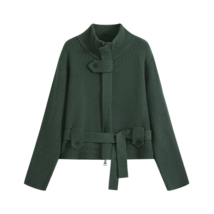 Women's cardigan with stand collar, zipper and waist tie belt Mune Fashion