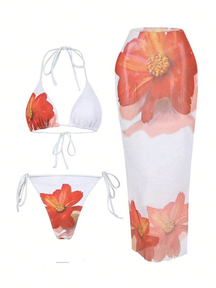 Women's triangle bikini set with floral patterns and transparent maxi skirt Mune Fashion