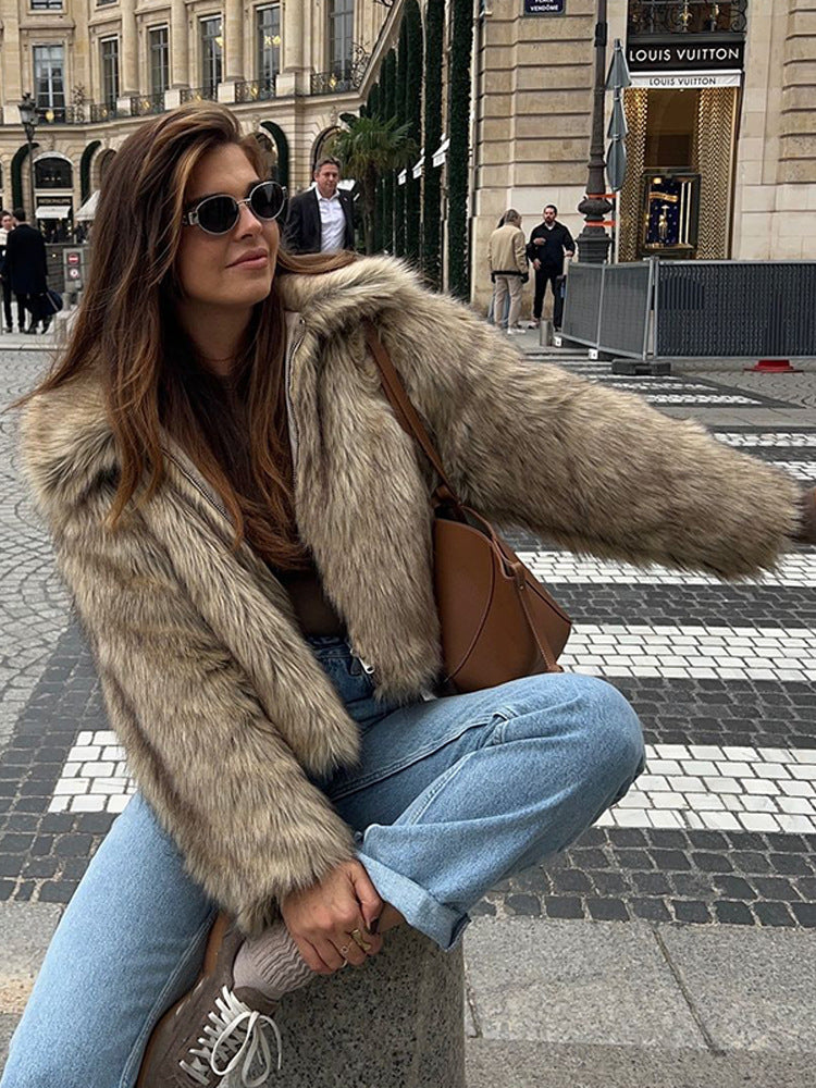 Women's Short Cut Faux-Fur Boxy Coat with Hood and Zip Mune Fashion