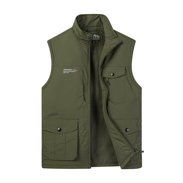 Men's Lightweight Fleece-Lined Outdoor Vest with Multiple Pockets and Stand Collar Mune Fashion