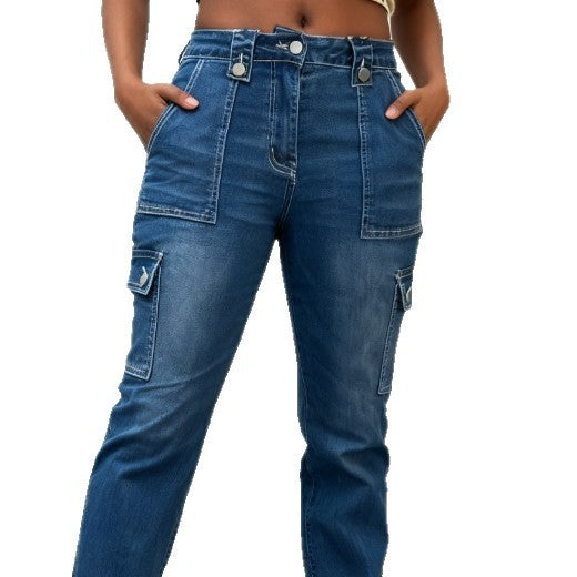 Women High-Waisted Cargo Denim Jeans with Straight Legs and Patch Flap Pockets Mune Fashion