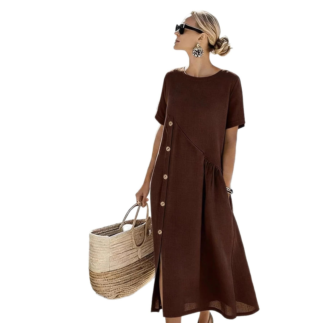 Women's Airy Summer Dress with Side Button Placket, Short Sleeves and Slit Mune Fashion