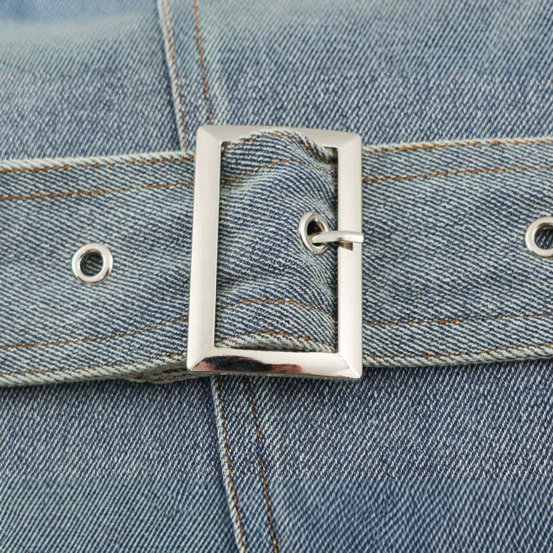Women's denim jacket with belted waist and asymmetric snap button placket Mune Fashion