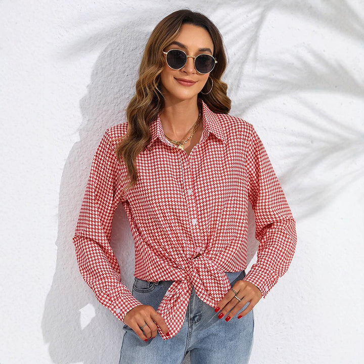 Women knotted houndstooth blouse with shirt collar and continuous button placket Mune Fashion