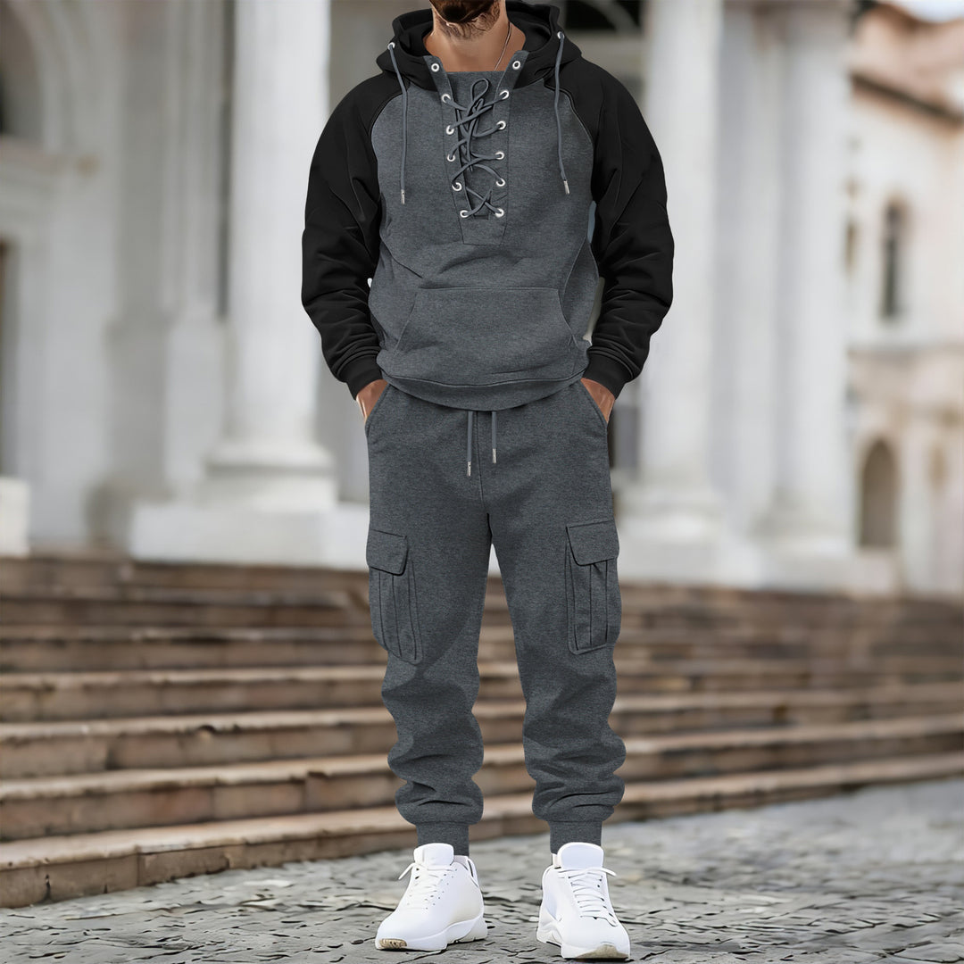 Men's hooded sweatshirt with front laced placket, raglan sleeves, and kangaroo pocket Mune Fashion