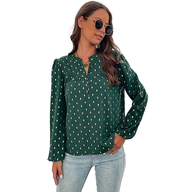 Women's Lightweight Viscose Blouse with Stand Collar, Button Placket, and Fine Drop Print Mune Fashion