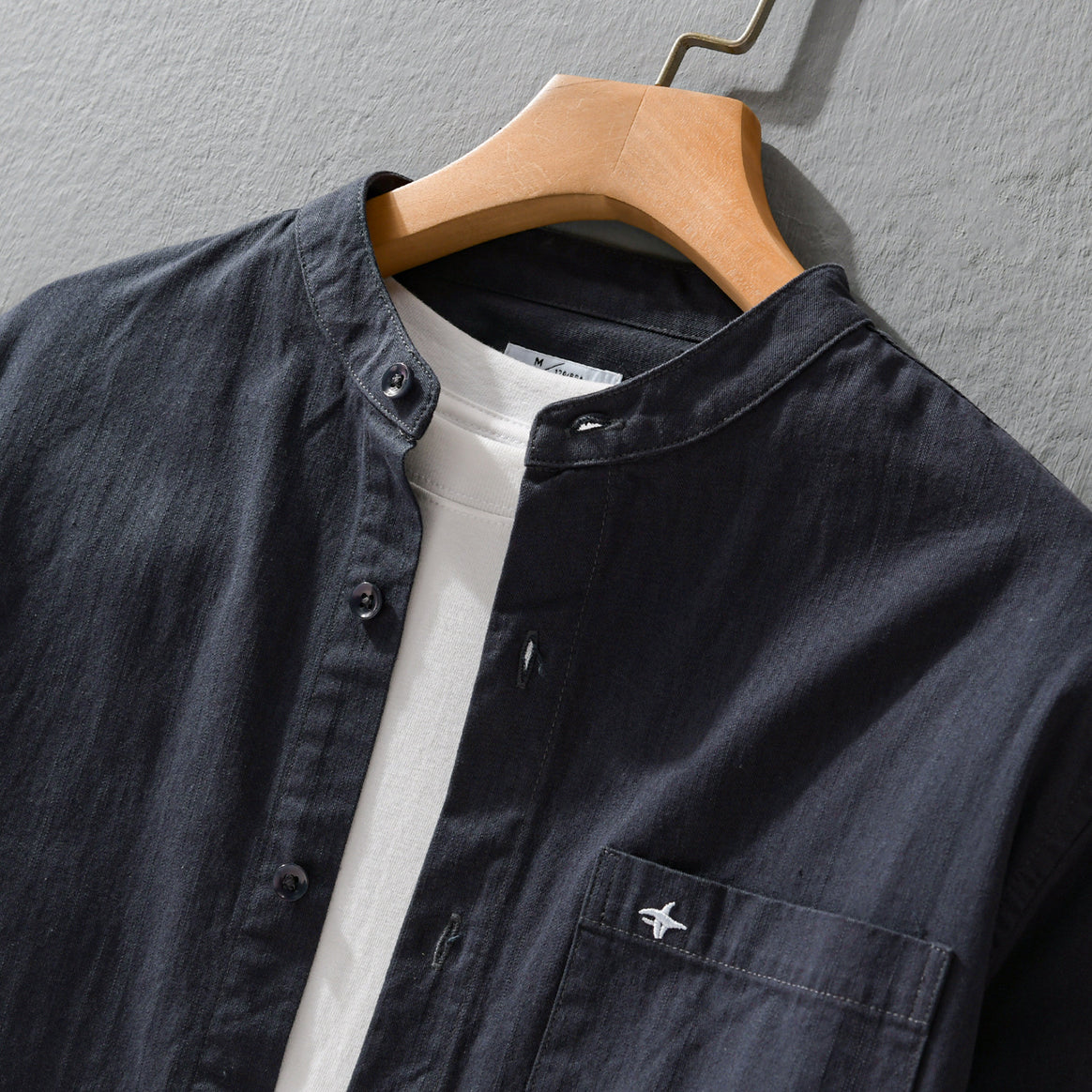 Men's Lightweight Cotton Shirt with Stand Collar, Chest Pocket and Relaxed Fit Mune Fashion