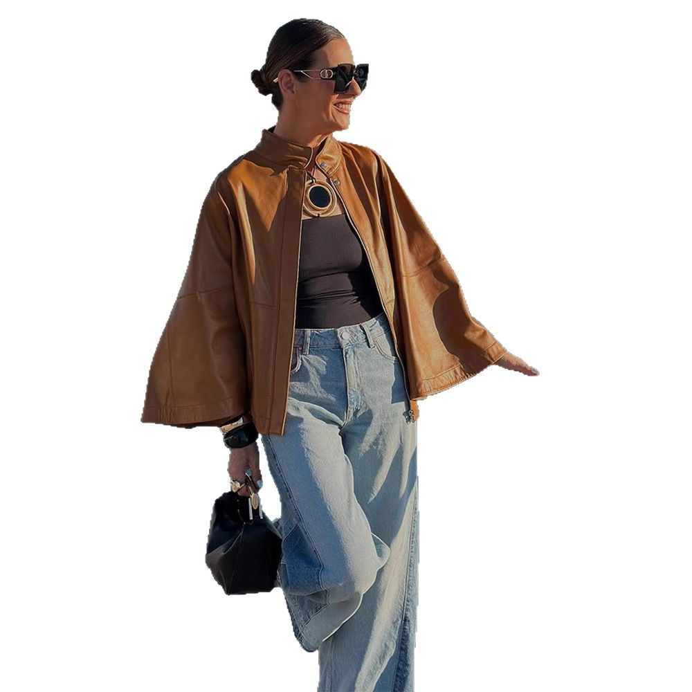 Women's Cape Sleeve Leather Jacket with Stand-up Collar Mune Fashion