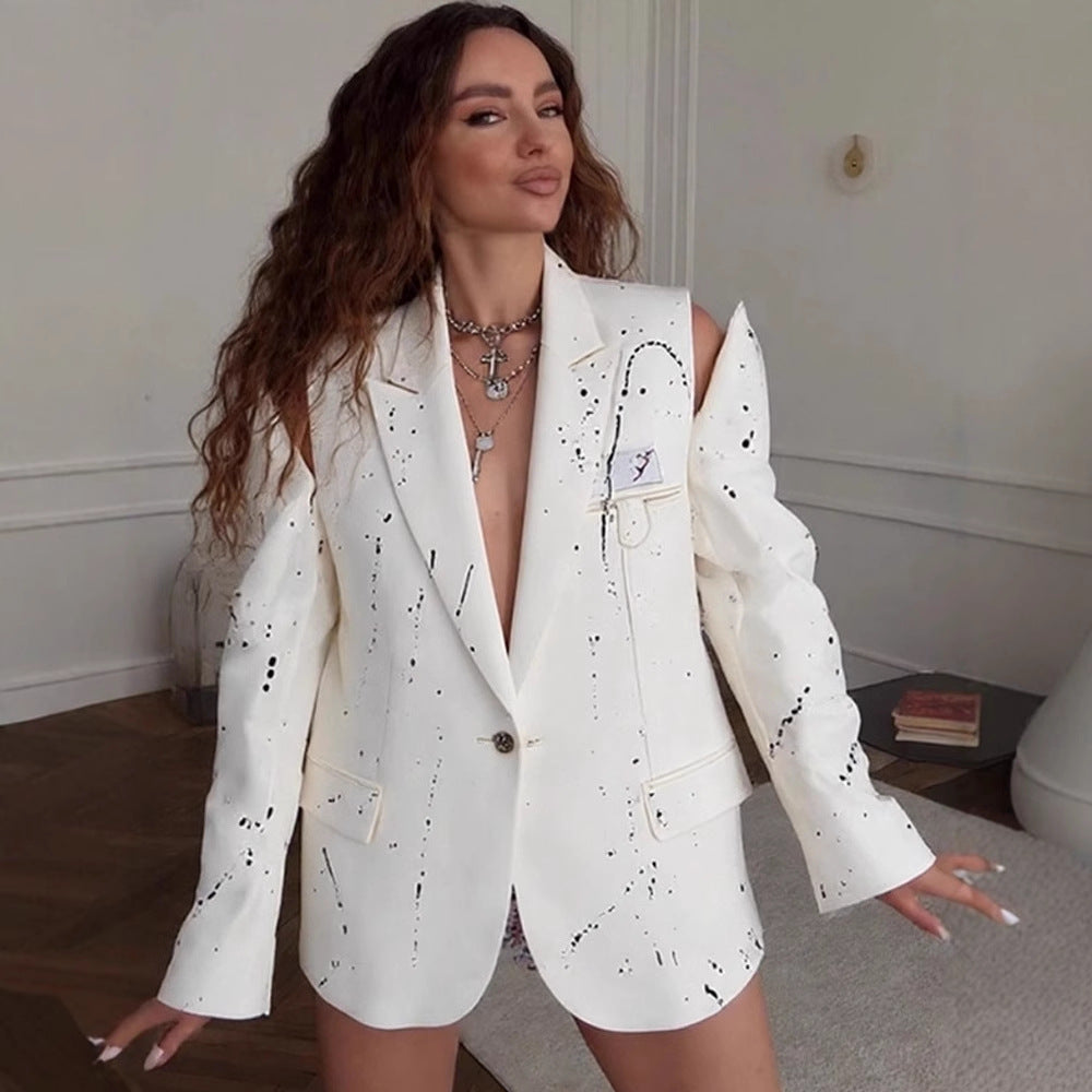 Women's Oversize Blazer with Cut-Out Sleeves and Paint Splatter Look Mune Fashion