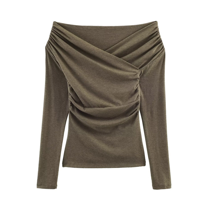 Women Off-Shoulder Gathered Long Sleeve Top with Wrap Draping Mune Fashion