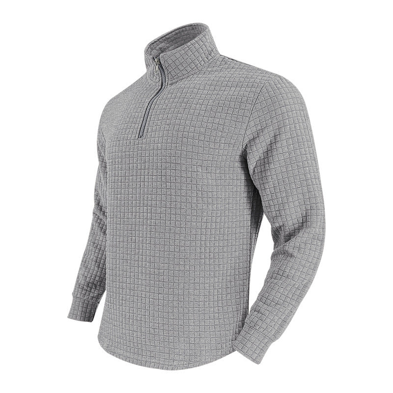 Men's Quilted Quarter-Zip Pullover with Check Pattern and Stand Collar Mune Fashion