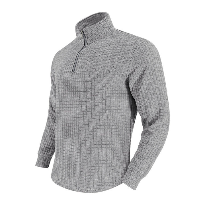 Men's Quilted Quarter-Zip Pullover with Check Pattern and Stand Collar Mune Fashion