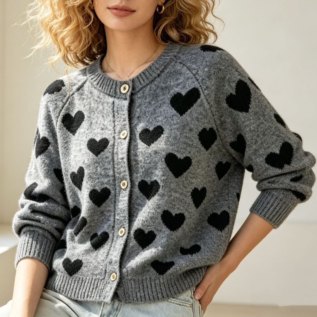 Women's Cozy Jacquard Cardigan with Heart Motif, Raglan Sleeves and Button Placket Mune Fashion