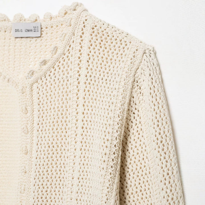 Ladies Crocheted Short Cardigan with Scallop Edge and Eyelet Pattern Mune Fashion