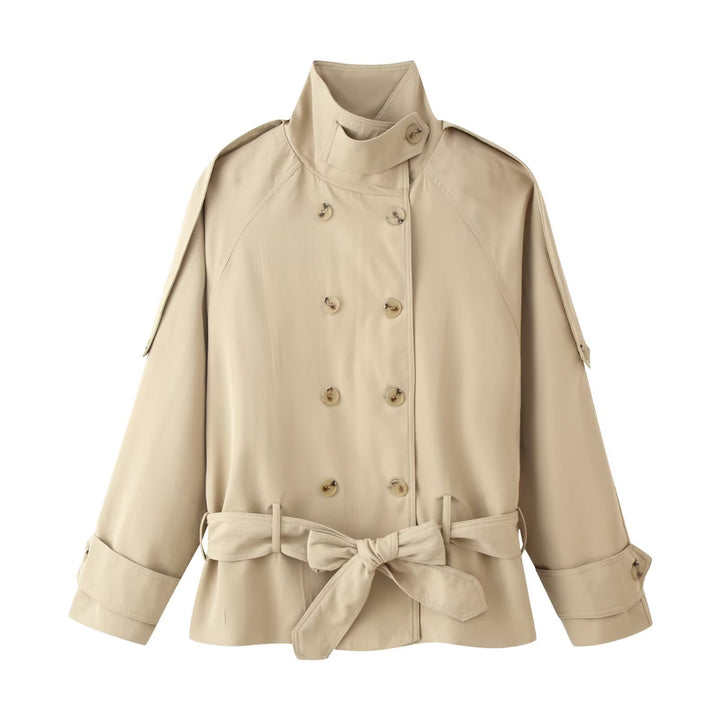Women Short Trench Coat with Waist Belt and Stand-Up Collar Mune Fashion