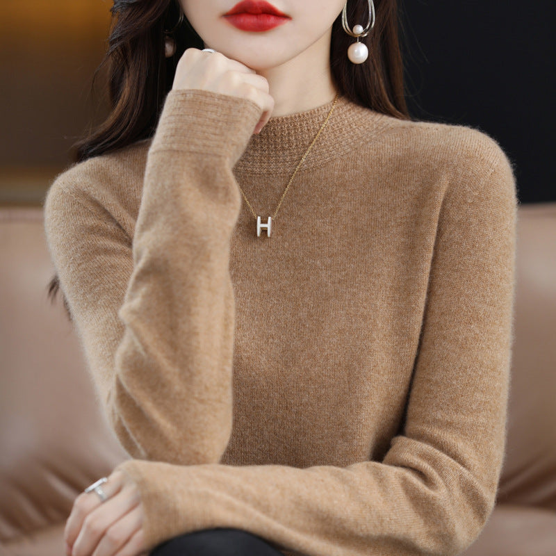 Women Light Fine Knit Mock Neck Sweater with Structured Collar Trim Mune Fashion