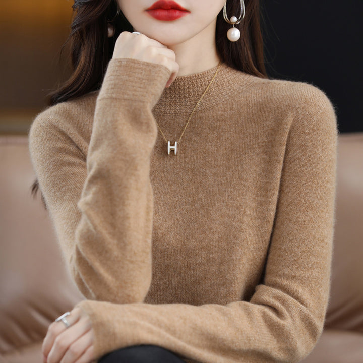 Women Light Fine Knit Mock Neck Sweater with Structured Collar Trim Mune Fashion