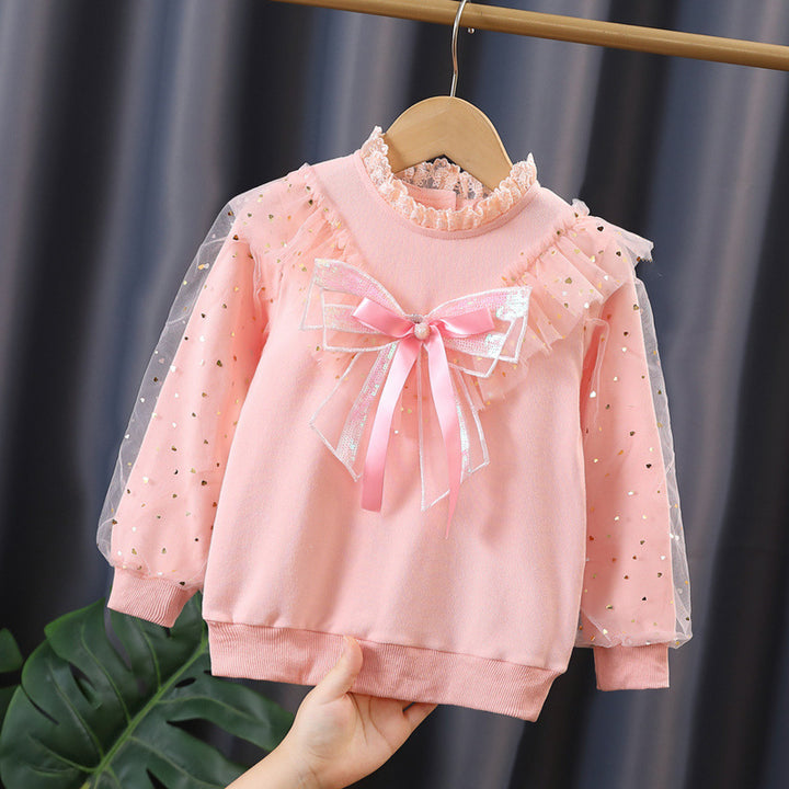 Girls' fashionable sweatshirt with decorative tulle sleeves and bow details Mune Fashion