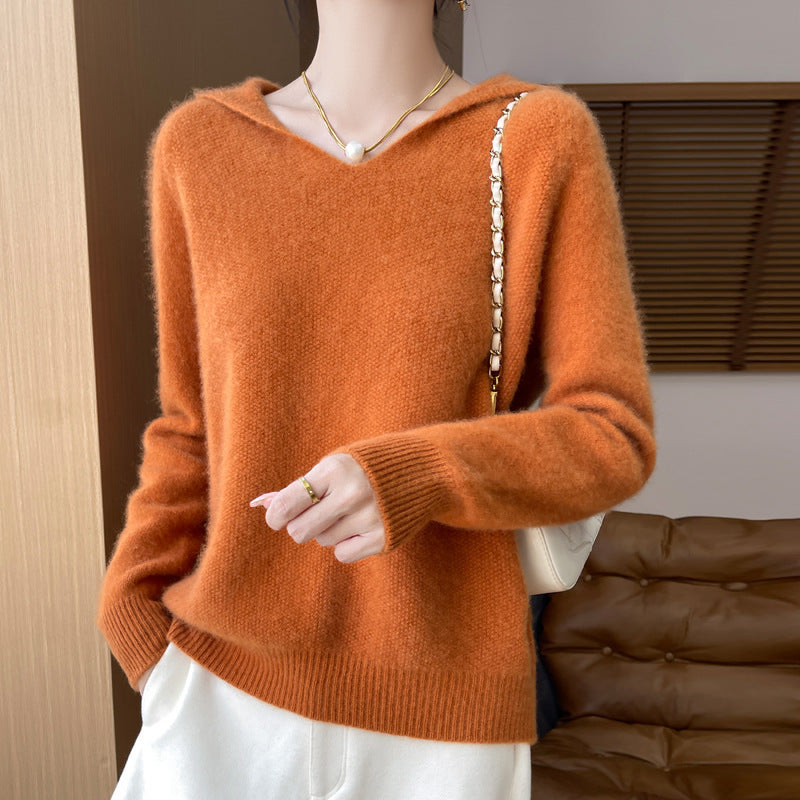 Women's Soft Mohair-Optic Hooded Sweater with V-Neck and Ribbed Hem
