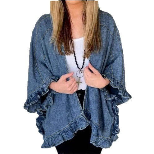 Women Oversized Jeans Kimono with Ruffle Edge and Open Fall Mune Fashion