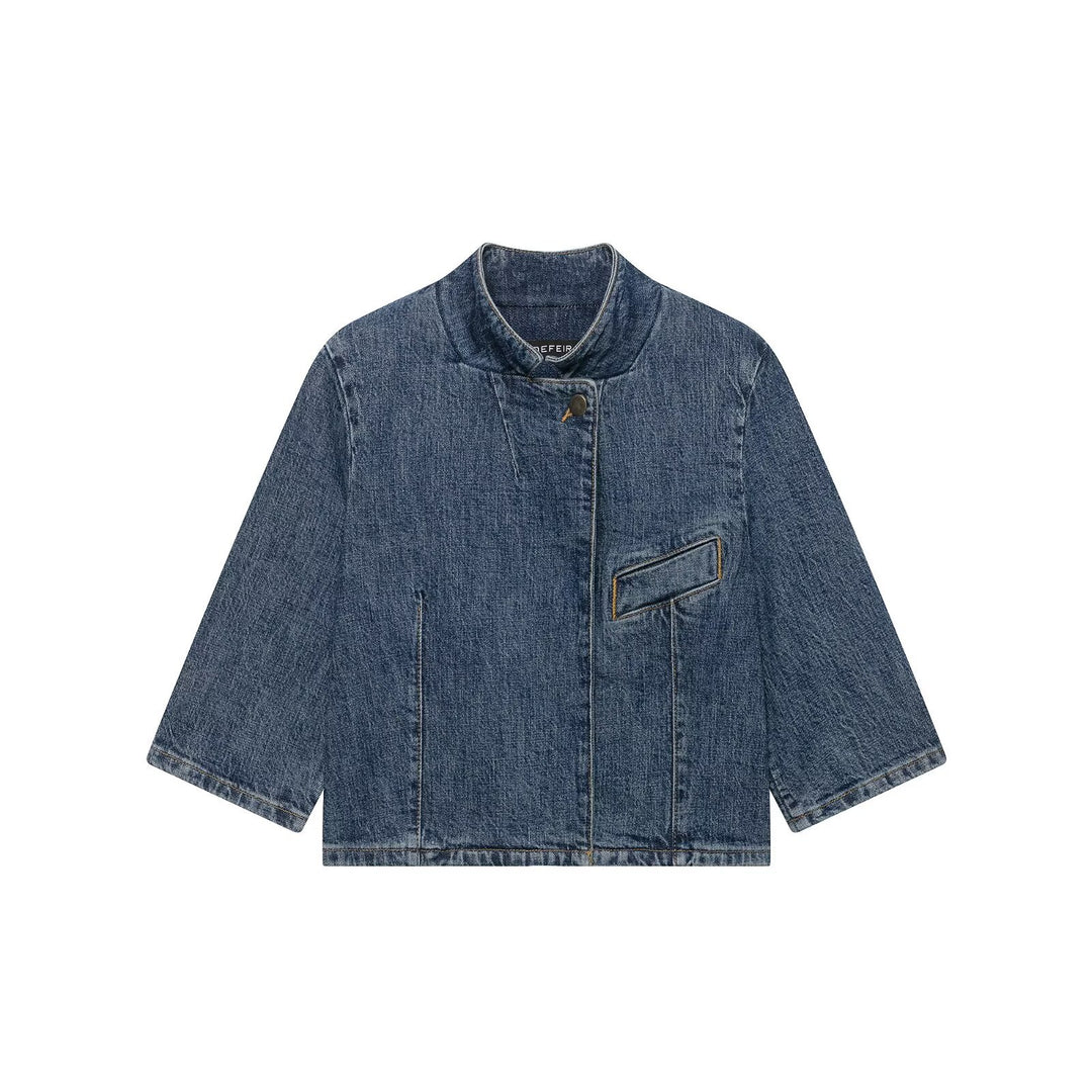 Women's Cropped Denim Jacket in Boxy Cut with Stand Collar and Concealed Button Placket Mune Fashion