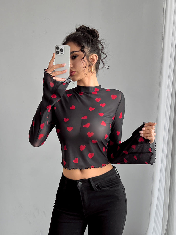 Women's transparent Paisley mesh crop top with high collar, trumpet sleeves, and wavy hem Mune Fashion