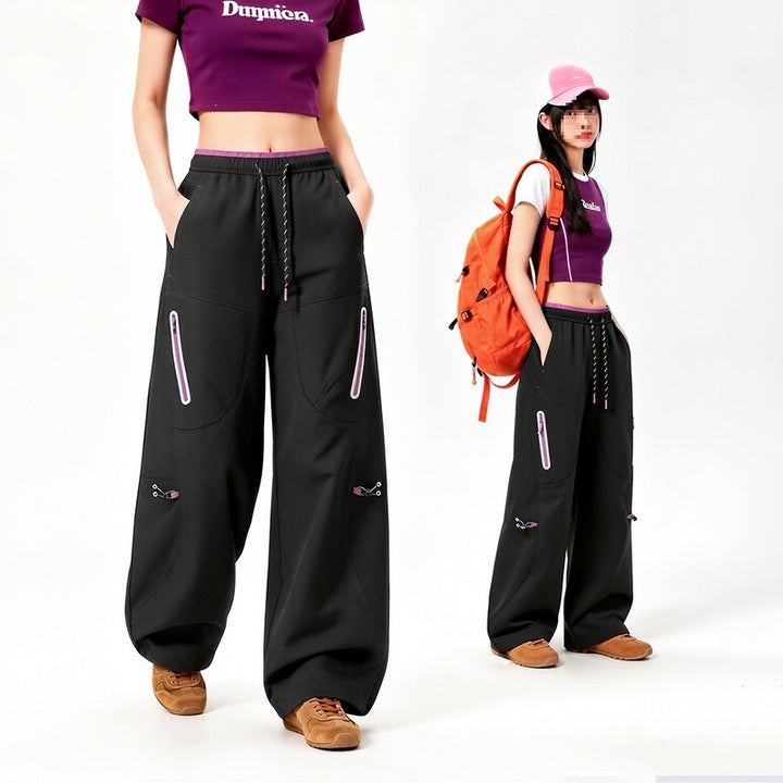 Women's Oversize Tech Lounge Pants with Contrast Seams, Reflective Zipper Pockets & Drawstring Waist Mune Fashion
