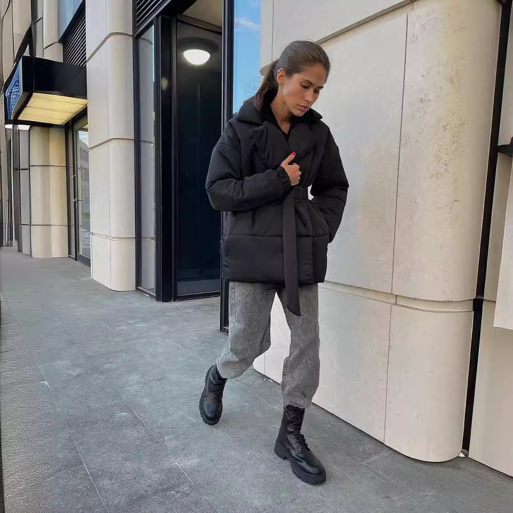 Women Padded Tailored Quilted Jacket with Belt and Hood Mune Fashion