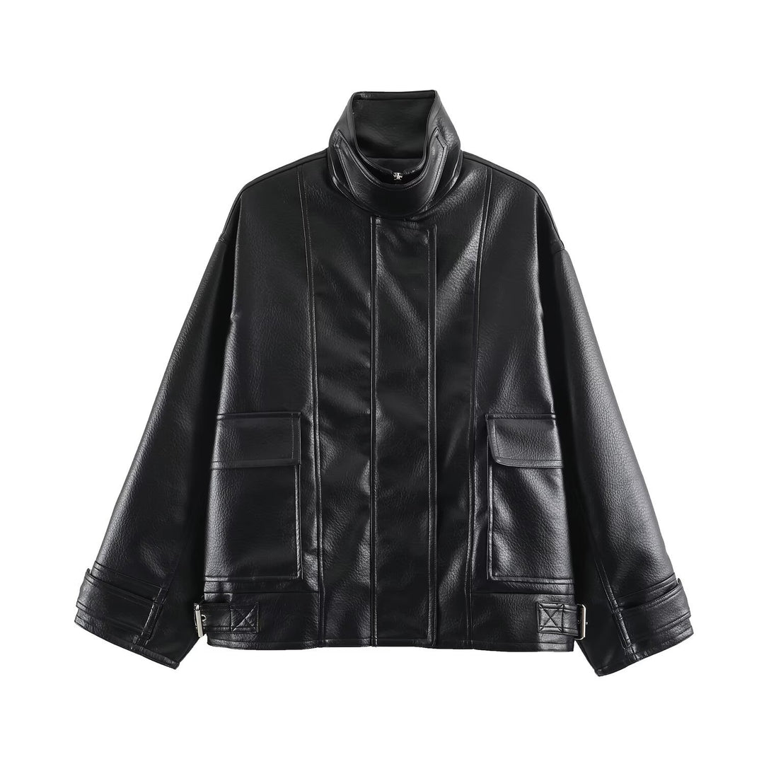Women Oversize Faux Leather Jacket with High Stand Collar, Patch Pockets and Adjustable Buckles Mune Fashion