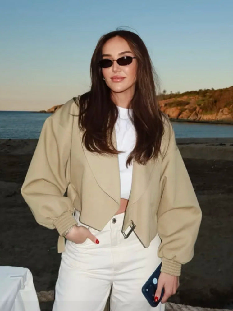 Women’s Short Blouson with Boxy Cropped Silhouette, Balloon Sleeves and Buckle Detail Mune Fashion
