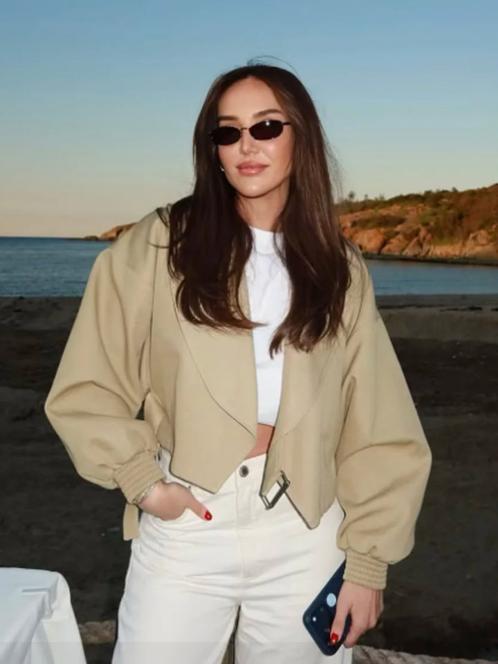 Women’s Short Blouson with Boxy Cropped Silhouette, Balloon Sleeves and Buckle Detail Mune Fashion