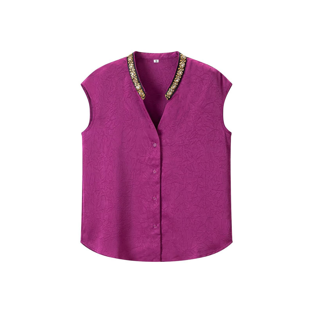 Women's Sleeveless Crinkle Blouse with Button Placket and Embroidered V-Neck Dress