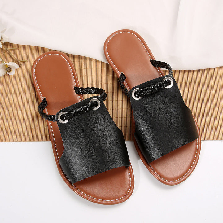 Women's elegant flat slide with wide upper material and braided toe strap Mune Fashion