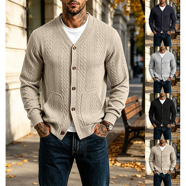Men's Knitted Cardigan with Cable Pattern, V-Neck and Patch Pockets Mune Fashion