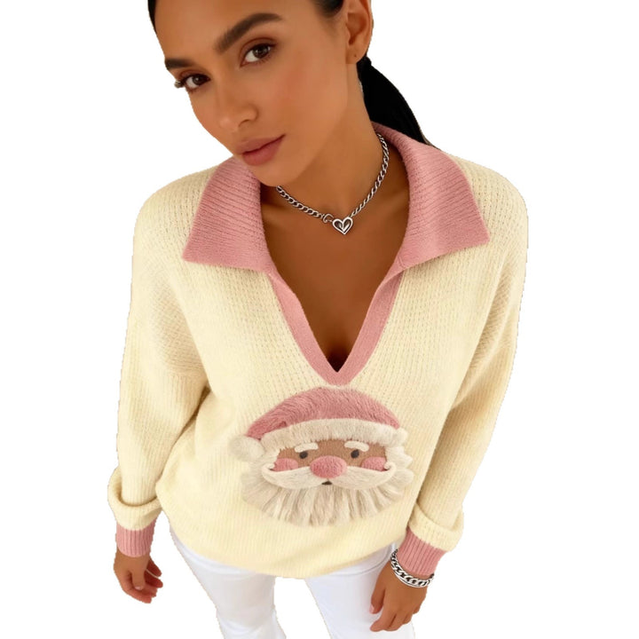 Ladies Soft Knit Sweater with V-Neck, Polo Collar and 3D Christmas Motif Drune