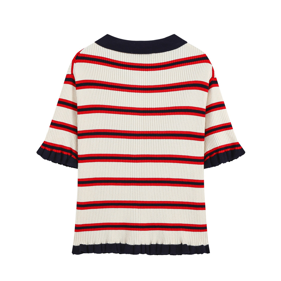 Women's Short-Sleeved Ribbed Polo Collar Cardigan with Button Placket and Ruffle Hem Mune Fashion