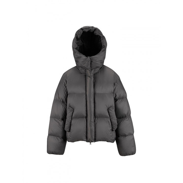 Women's Short Padded Crop Quilted Jacket with Volume Hood and Concealed Snap Placket Mune Fashion
