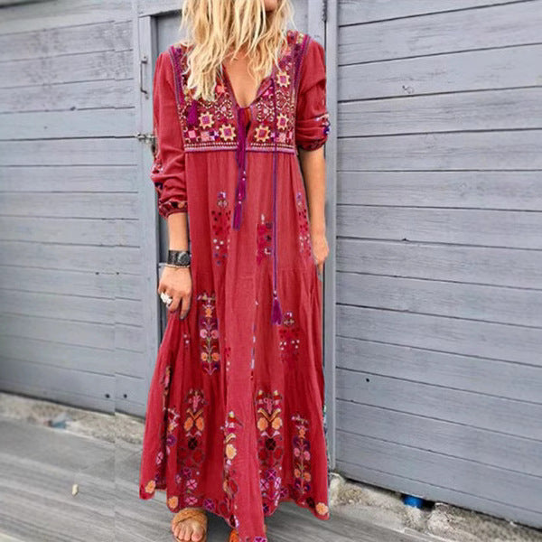 Ladies embroidered maxi dress with long sleeves, tassel closure and folkloric embroidery Mune Fashion