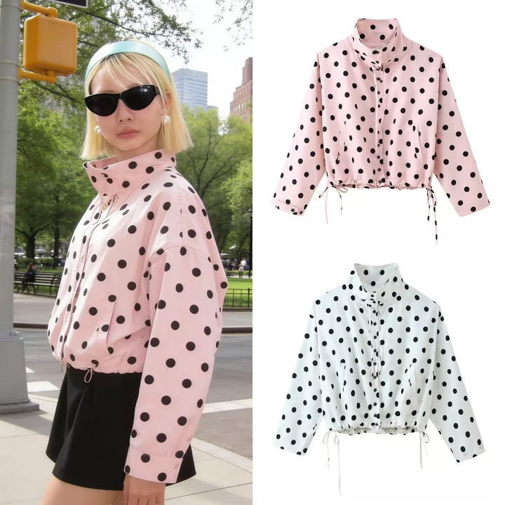 Women's short jacket in rain parka style with stand-up collar, drawstring and polka dot print Mune Fashion