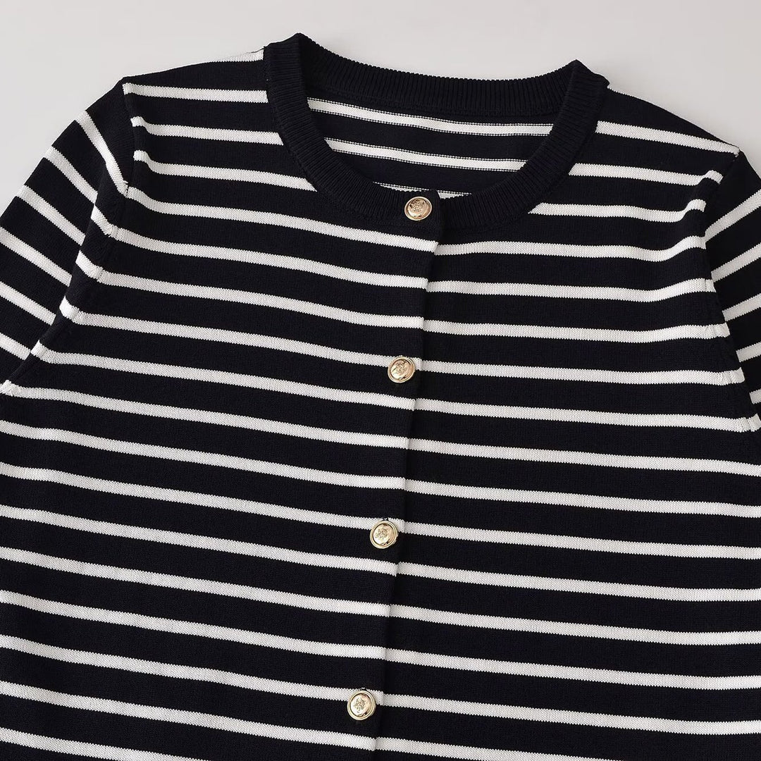 Ladies Striped Fine Knit Cardigan with Round Neck and Decorative Buttons Mune Fashion