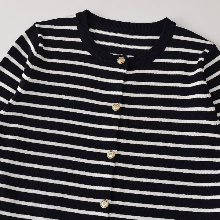 Ladies Striped Fine Knit Cardigan with Round Neck and Decorative Buttons Mune Fashion