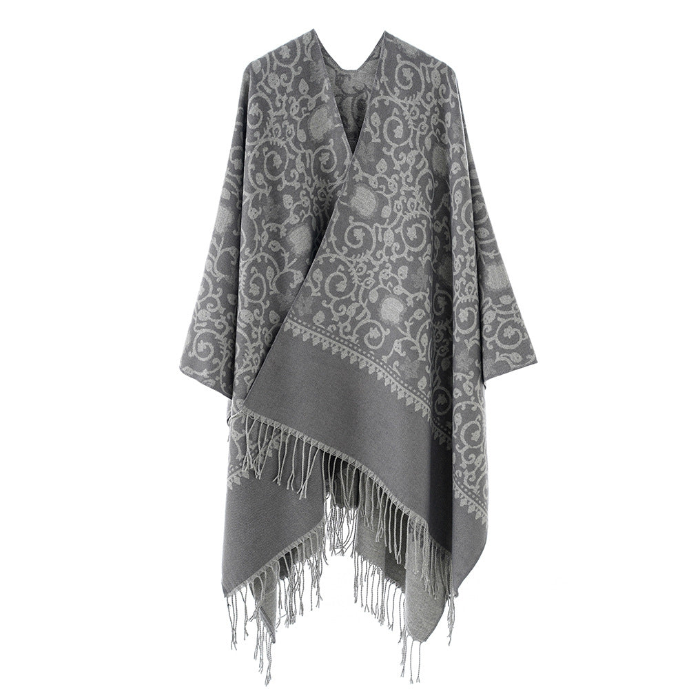 Women's Jacquard Ruana with ornamental border pattern and fringe hem Mune Fashion