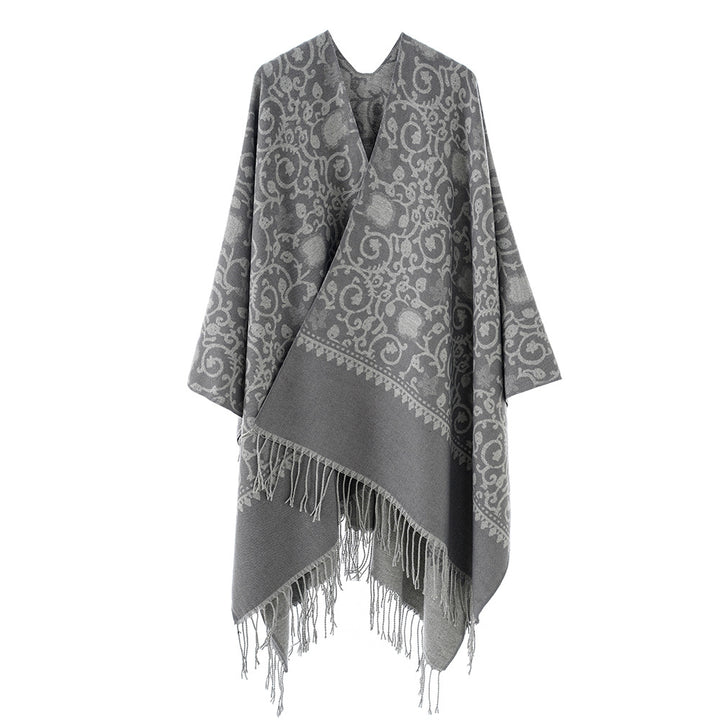 Women's Jacquard Ruana with ornamental border pattern and fringe hem Mune Fashion