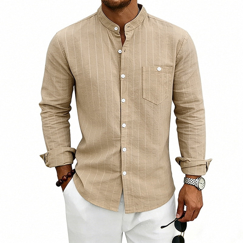 Men's breathable pinstripe long-sleeve shirt with stand collar, chest pocket, and rounded hem Mune Fashion