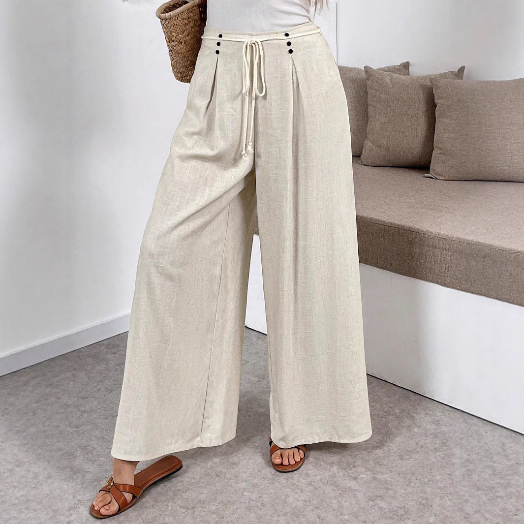 Women's Wide Palazzo Linen Pants with High Waist and Drawstring Mune Fashion