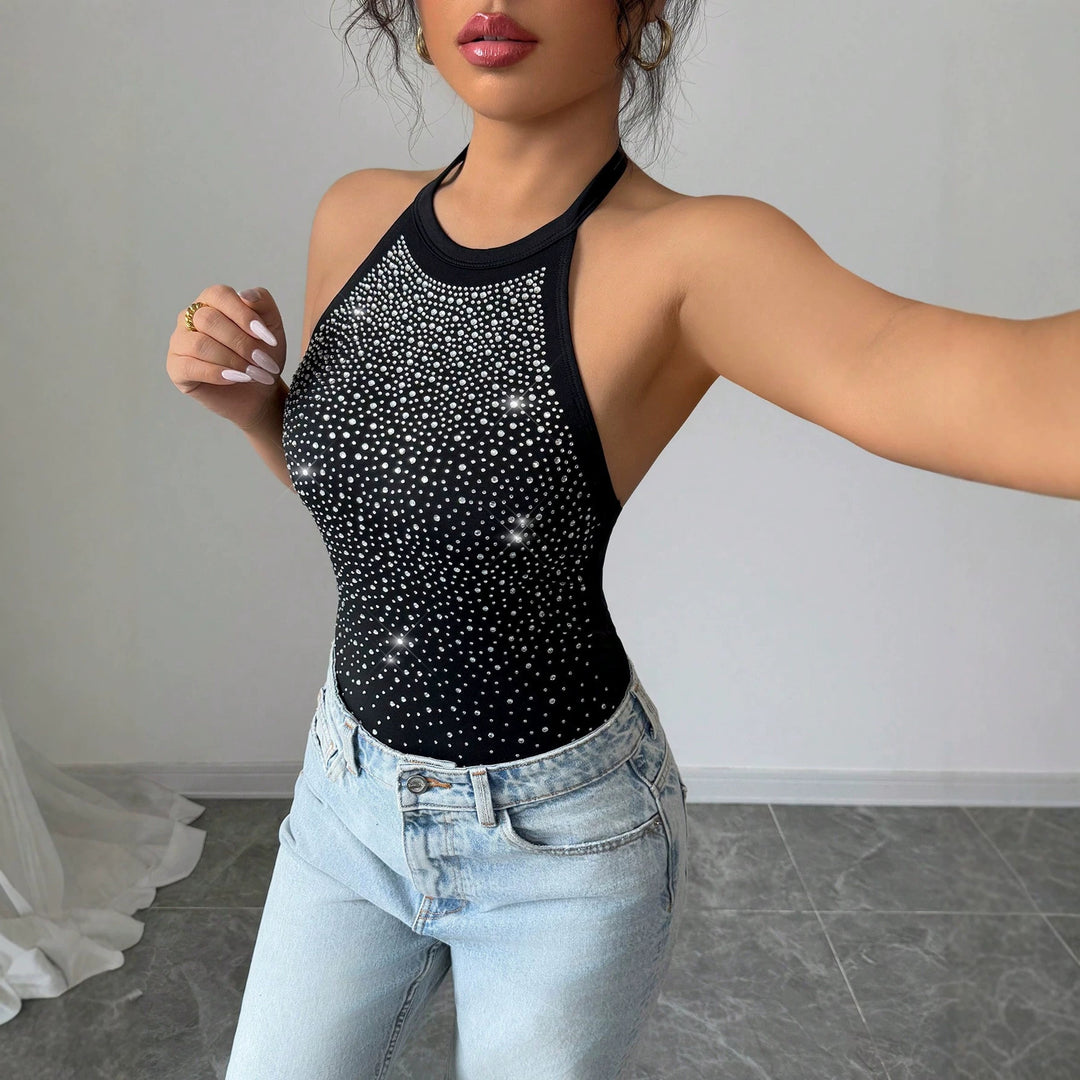 Women's halter bodysuit with high collar and sparkling rhinestone gradient Mune Fashion