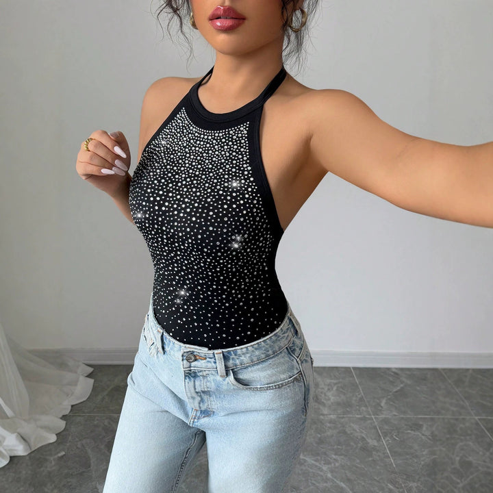 Women's halter bodysuit with high collar and sparkling rhinestone gradient Mune Fashion