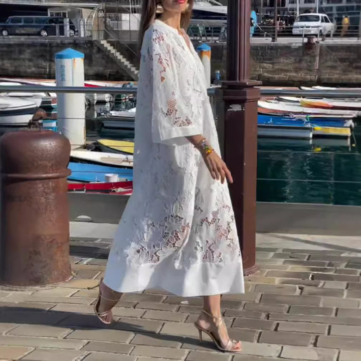 Women's airy lace maxi dress with floral openwork embroidery, loose kimono sleeve cut, and lightweight underdress Mune Fashion