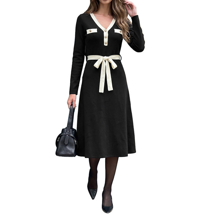 Women's Elegant Long Sleeve Dress with Belt Mune Fashion