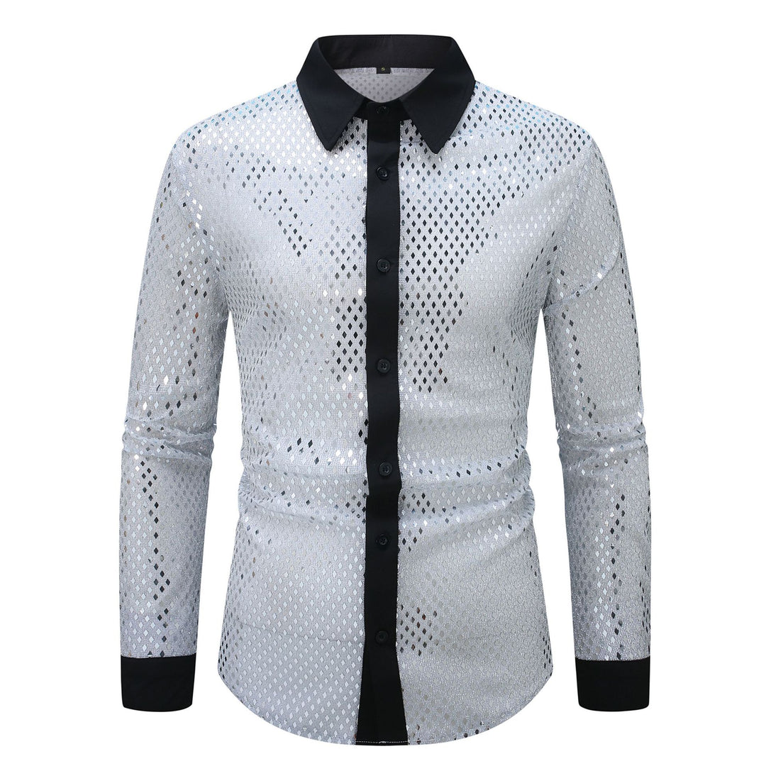 Men's shimmering mesh shirt with contrast button placket and stand-up collar Mune Fashion